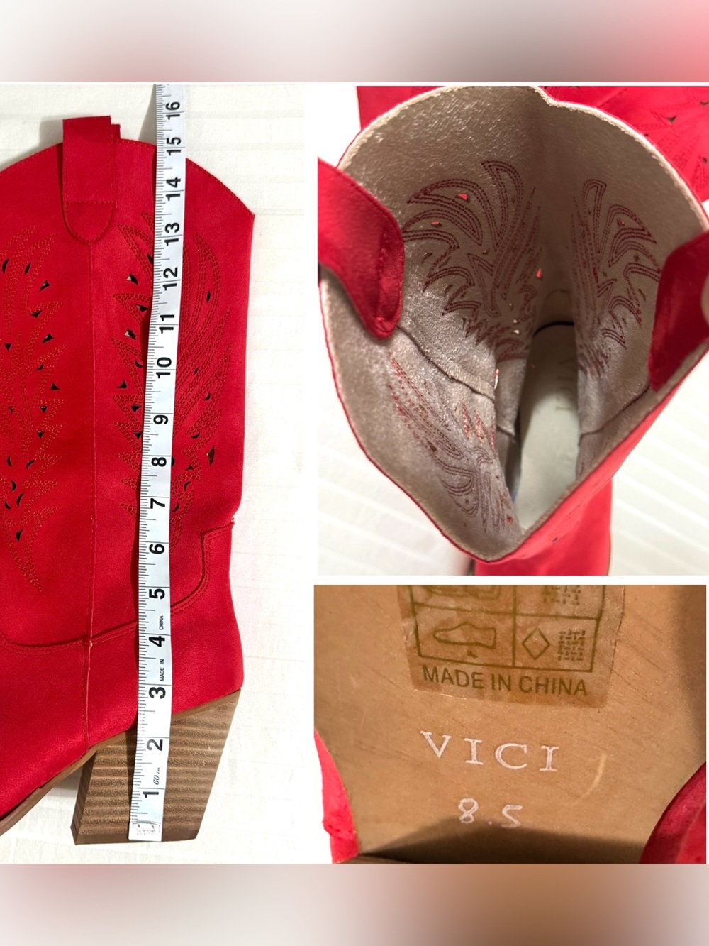 VICI Arnell Western Cowgirl Boots Suede Laser Cut Red Women’s Size 8.5 - Picture 13 of 16